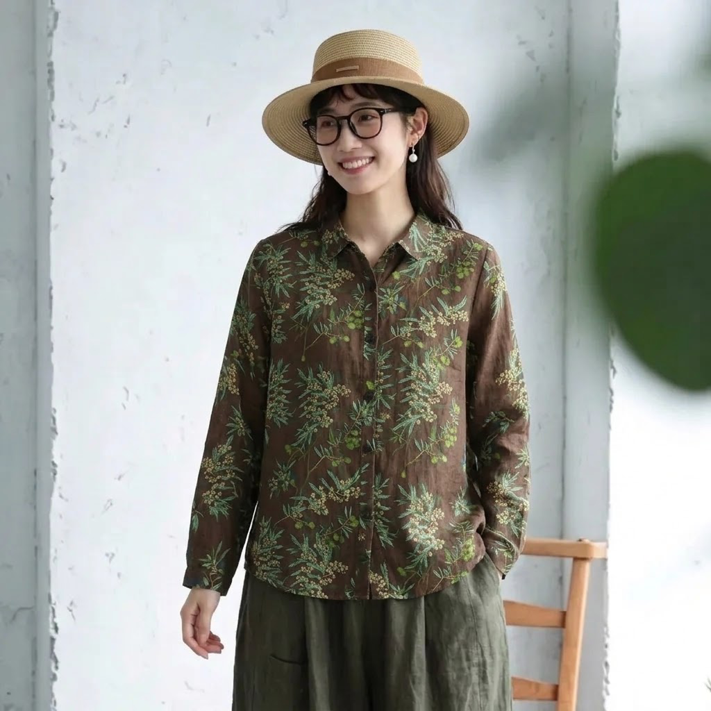 S-2XL プリント レトロ 花柄 折り襟 シングルブレスト 長袖 シャツ S 写真と同じ