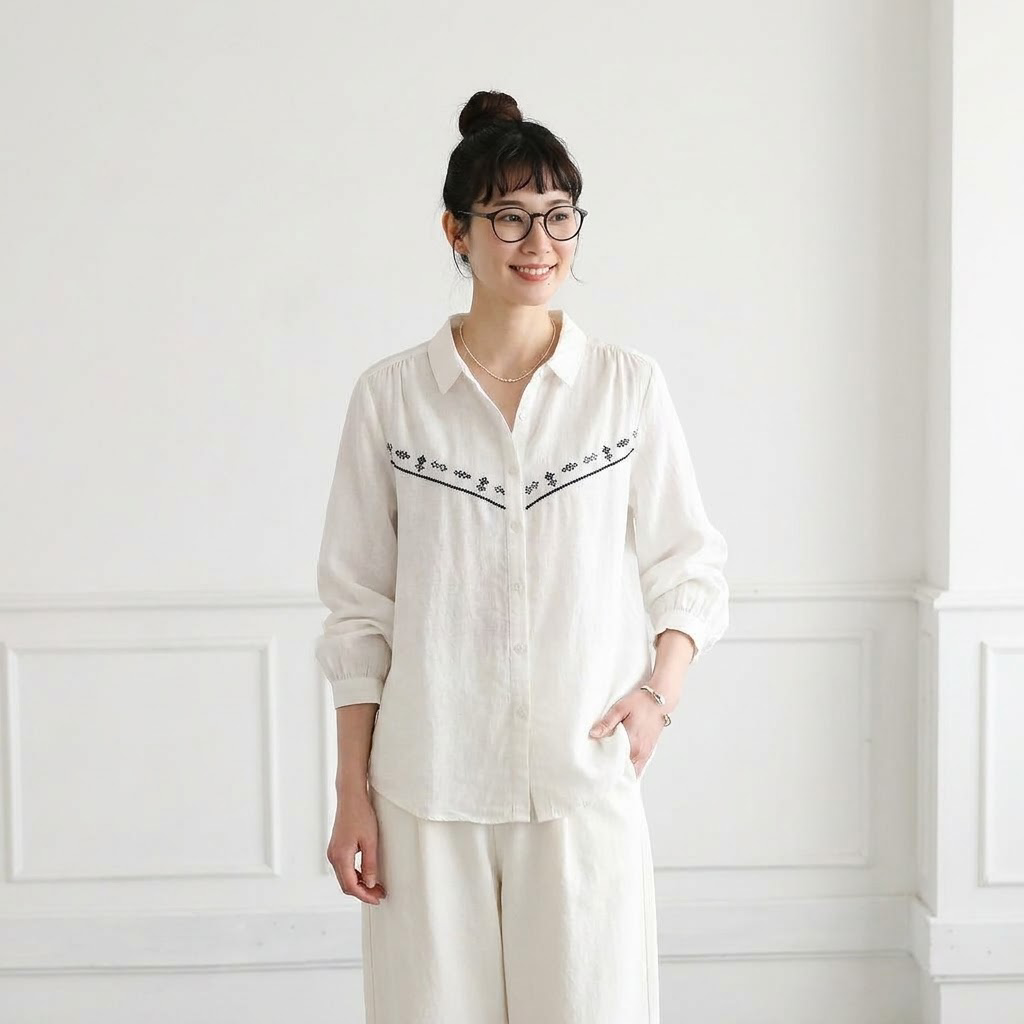 ML 気質アップ コットン 無地 刺繍 ナチュラル シャツ M ホワイト