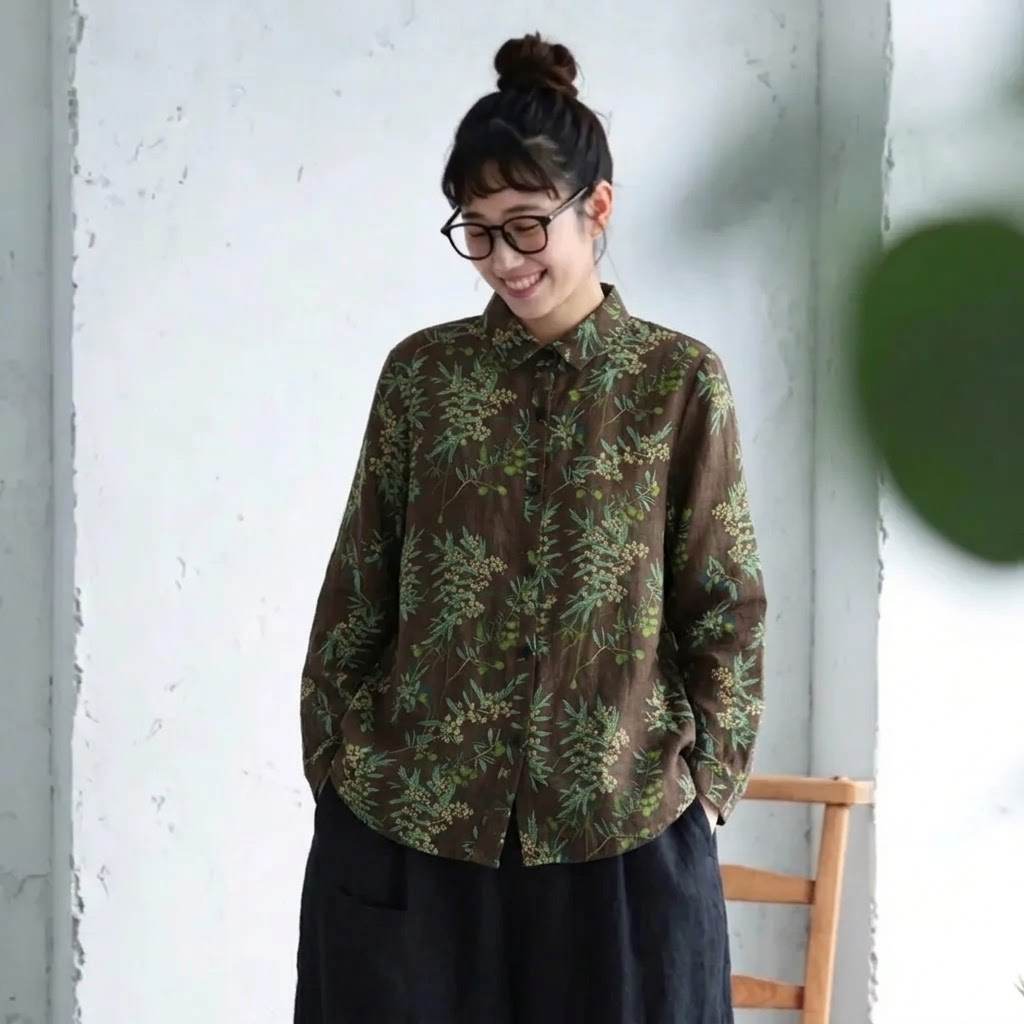 S-2XL プリント レトロ 花柄 折り襟 シングルブレスト 長袖 シャツ S 写真と同じ