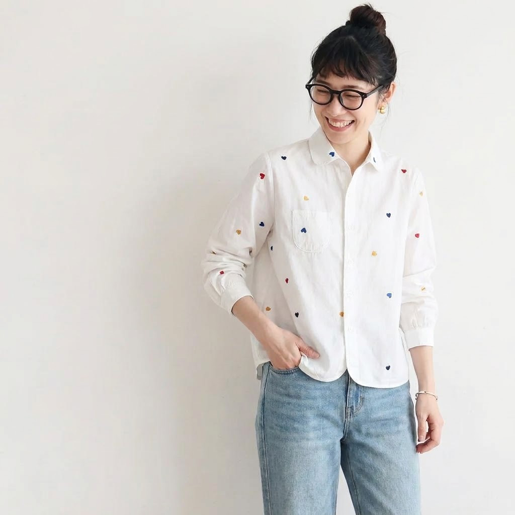 F 主役級 ボタン ハート柄  刺繍 長袖  シャツ フリー 写真通り
