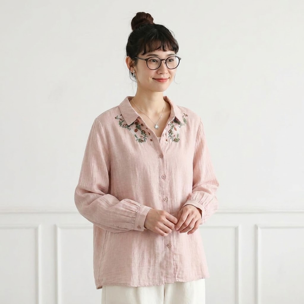 ML 着回し自在！ 無地 長袖 刺繍 花模様 清新 シャツ M ホワイト