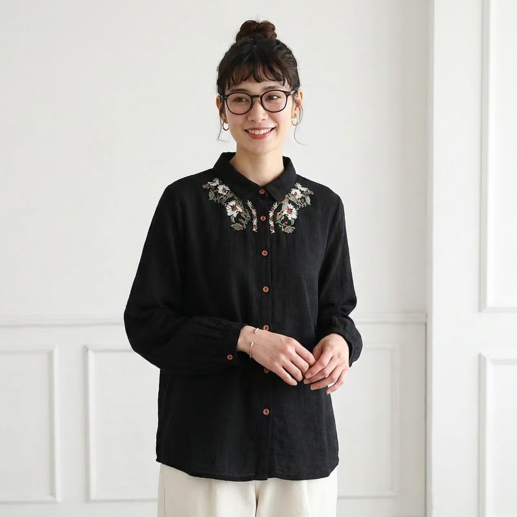 ML 着回し自在！ 無地 長袖 刺繍 花模様 清新 シャツ M ホワイト