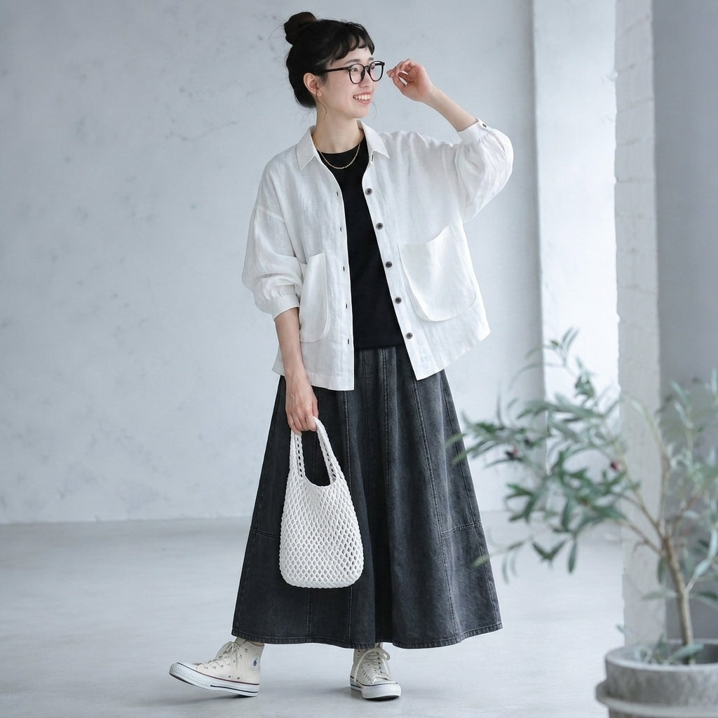 【コットン】2XL-5XL  無地 ポケット付き ボタン 長袖 カジュアル シャツ 2XL ホワイト
