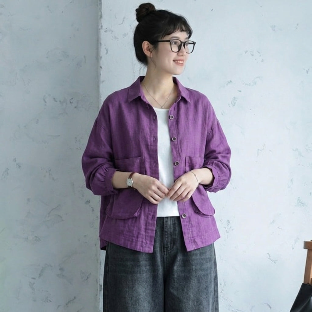【コットン】2XL-5XL  無地 ポケット付き ボタン 長袖 カジュアル シャツ 5XL パープル