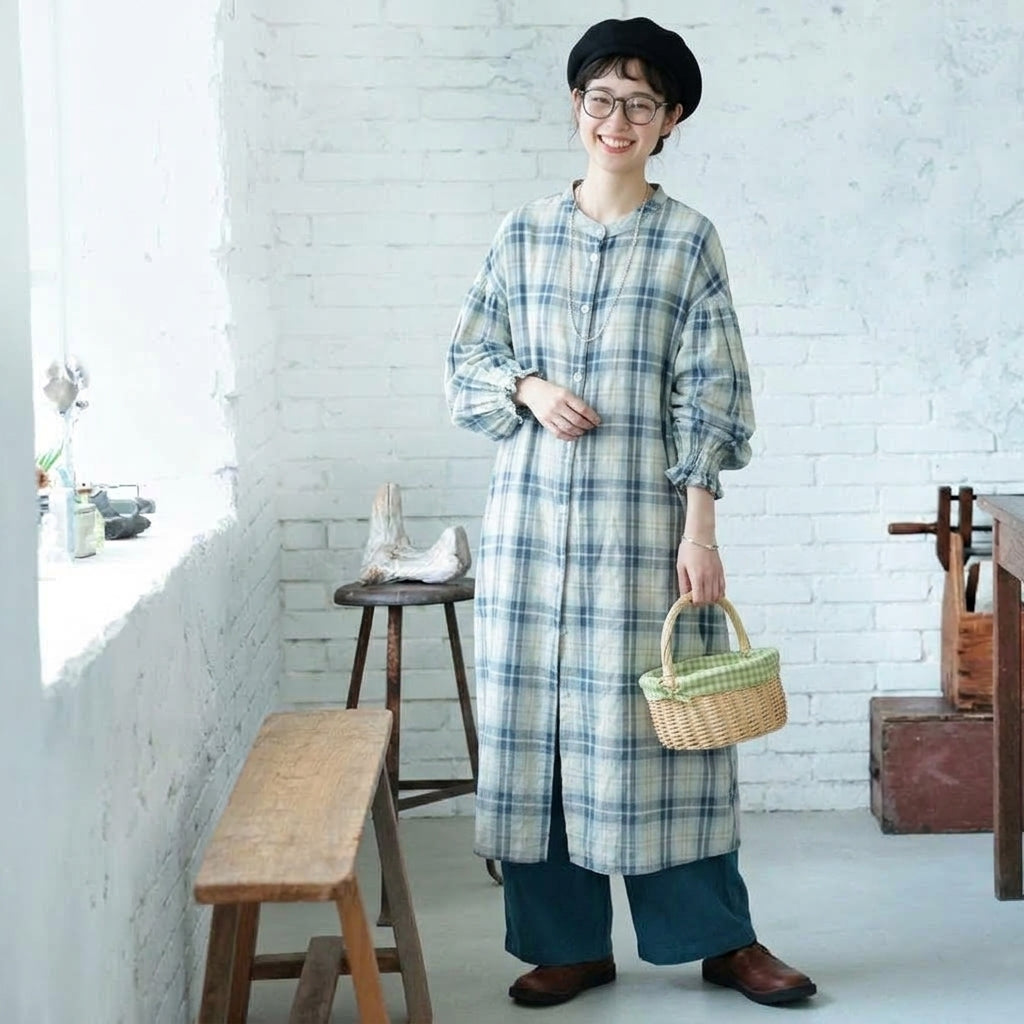 S-3XL 柔らかくて優しい印象 清新 シンプル チェック柄 長袖 シャツワンピース S 青と白のチェック