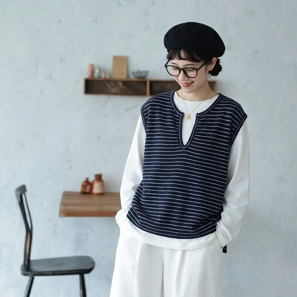M-3XL ボーダー キーネック セット風デザイン 切り替え袖 ゆとりのある Tシャツ 3XL ネイビー