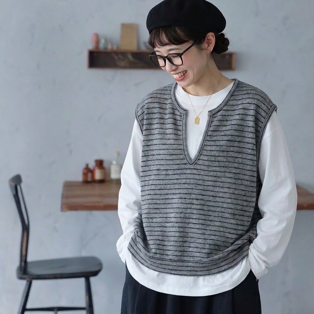 M-3XL ボーダー キーネック セット風デザイン 切り替え袖 ゆとりのある Tシャツ 3XL グレー