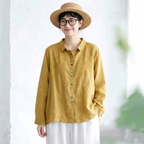 L-2XL 綿麻 刺繍 長袖 ボタン 折り襟 レトロ シャツ L グリーン