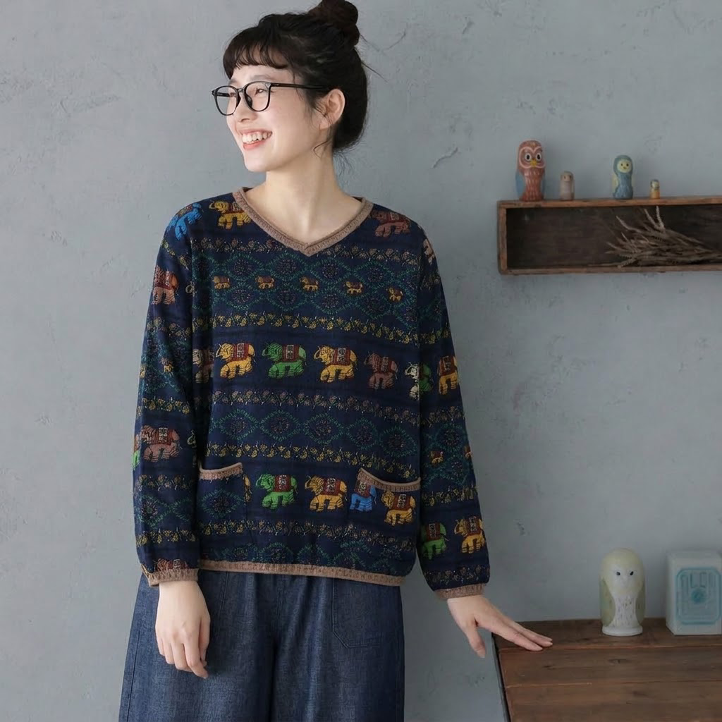 M-3XL 綿麻 Vネック 幾何総柄 長袖 ゆとりのある 着回し Tシャツ 3XL ネイビー