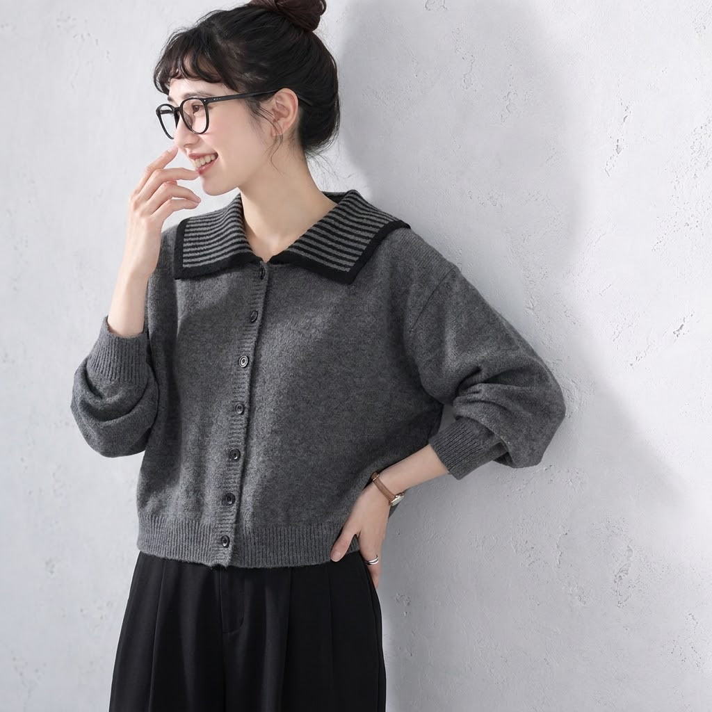 S-4XL 人気を獲得♡ 配色 長袖 ボタン 無地 カーディガン S ネイビー