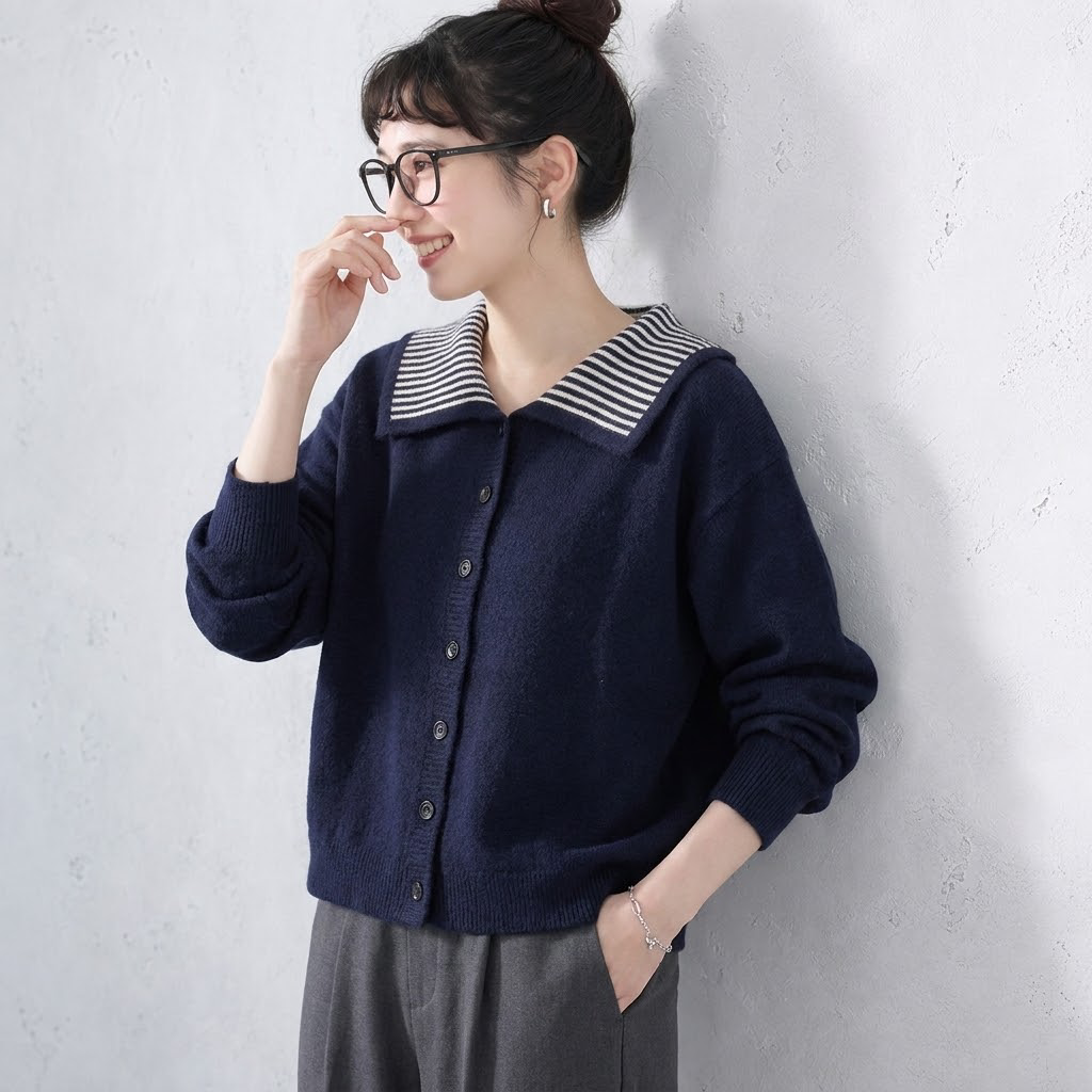 S-4XL 人気を獲得♡ 配色 長袖 ボタン 無地 カーディガン S ネイビー