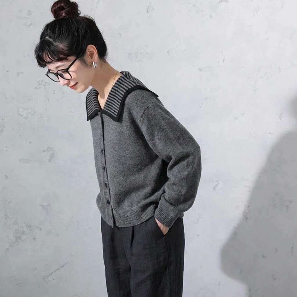 S-4XL 人気を獲得♡ 配色 長袖 ボタン 無地 カーディガン S ネイビー