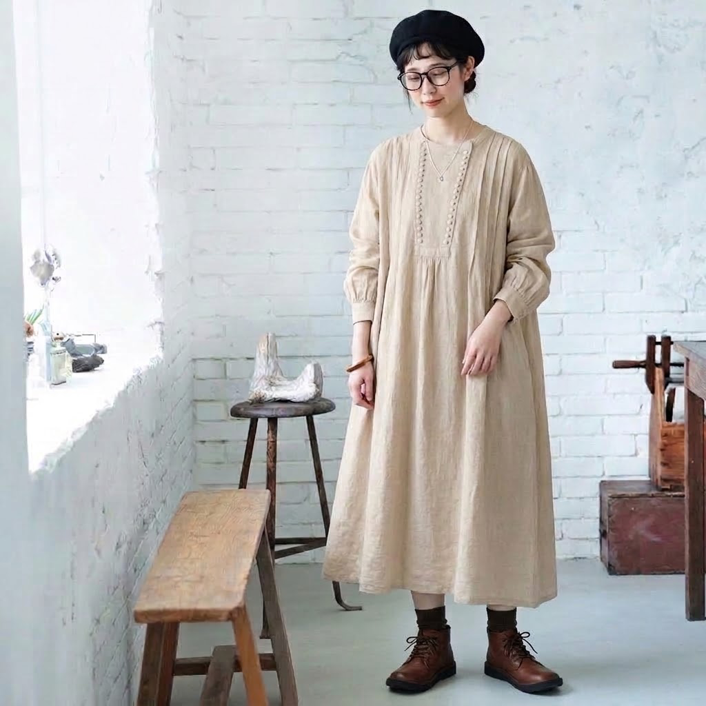 M-2XL 人気高い ボタン シンプル ナチュラル 長袖 ワンピース M 写真通り