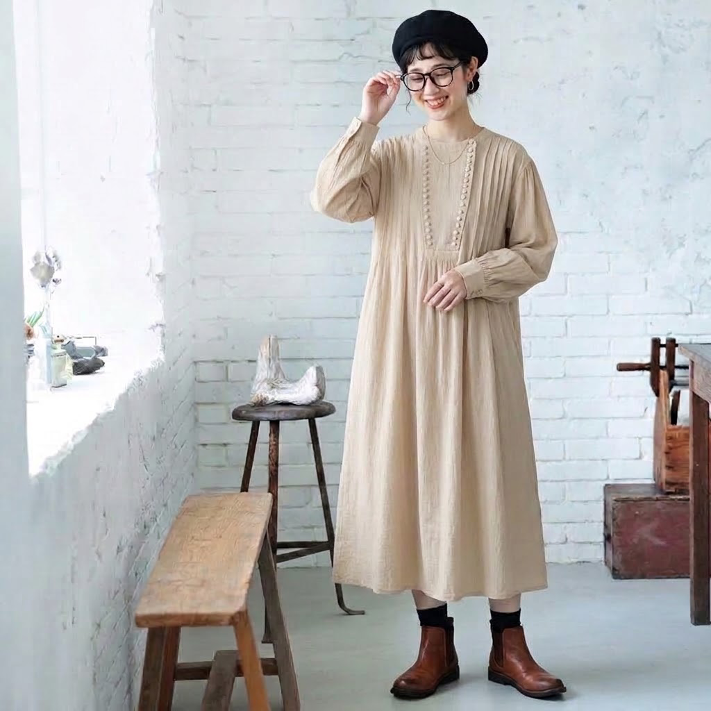 M-2XL 人気高い ボタン シンプル ナチュラル 長袖 ワンピース M 写真通り