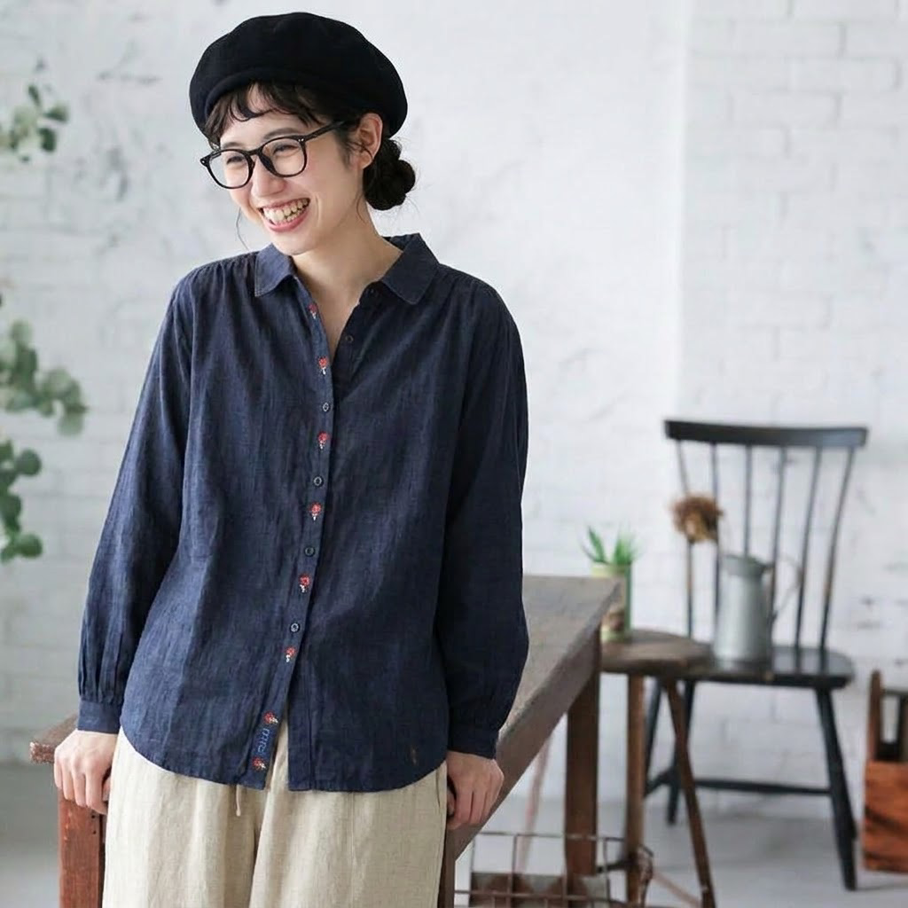 フリーサイズ シンプル 刺繍 ゆったり 秋適用 きれいめ 長袖 シャツ フリー ホワイト