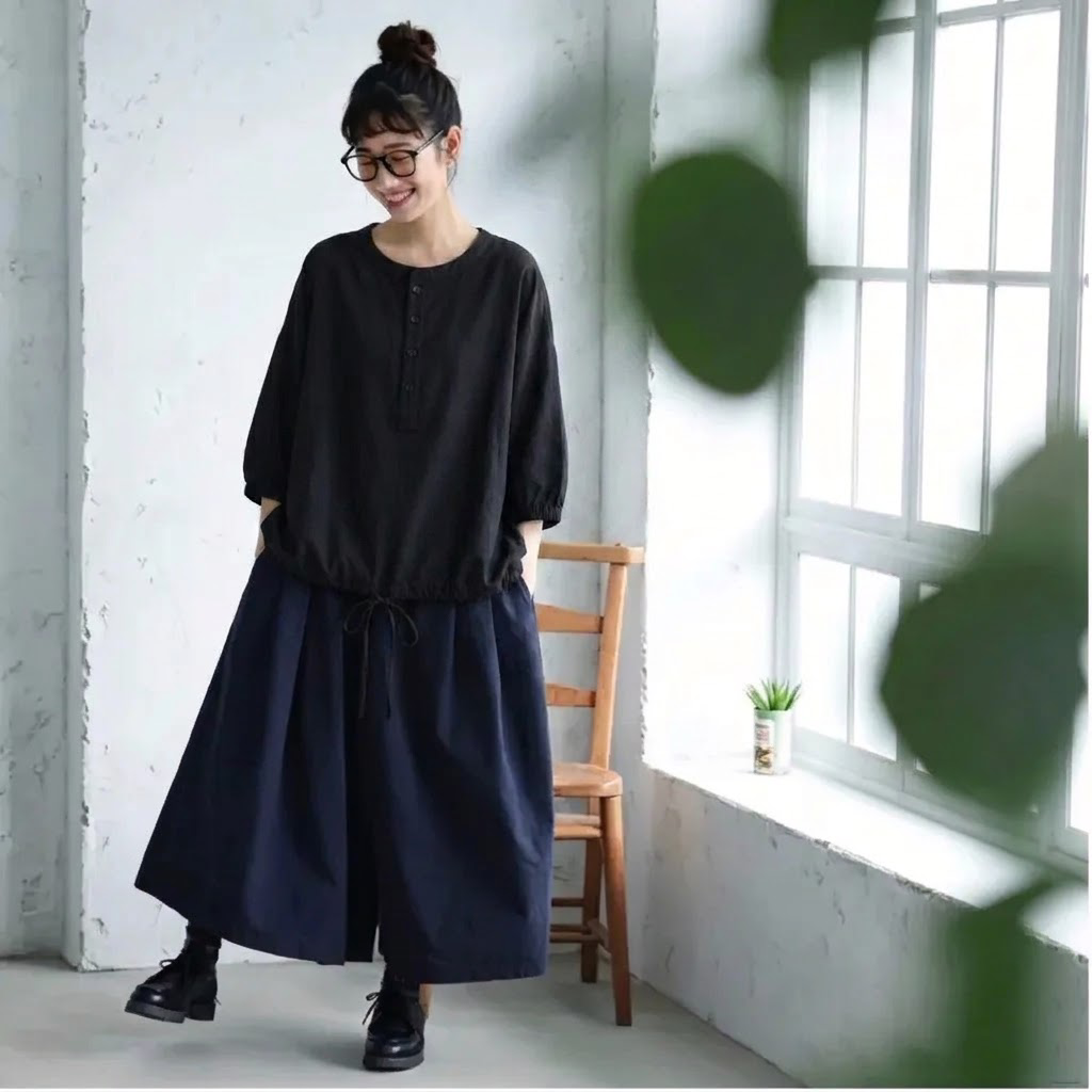M-2XL シンプル 落ち肩スリーブ 体型カバー ロングスリーブ シャツ 2XL ブラック
