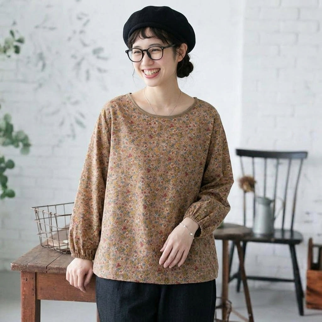 M-2XL 女性に大人気 綿麻 花柄 耐久性 ナチュラル 長袖 シンプル シャツ M コーヒー