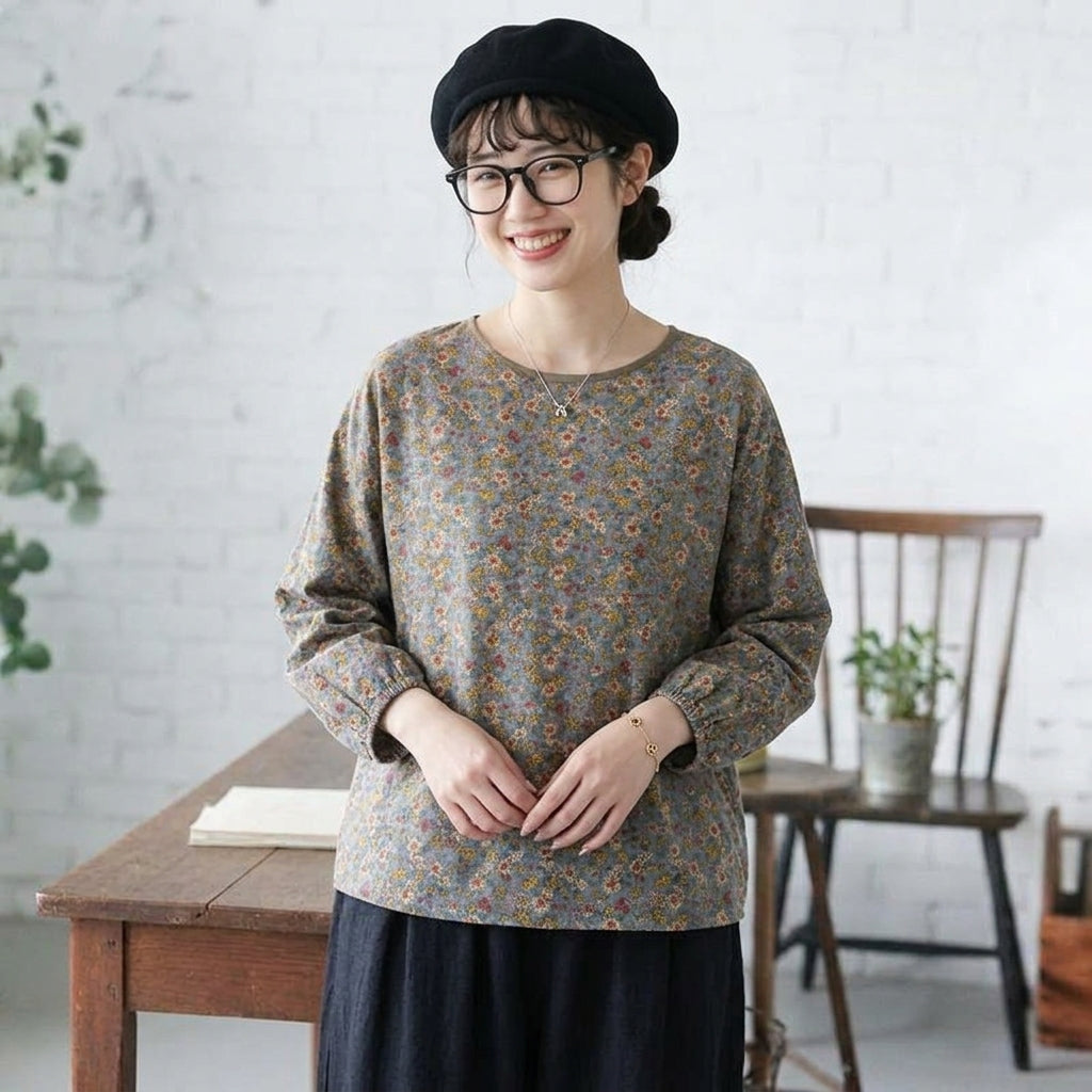 M-2XL 女性に大人気 綿麻 花柄 耐久性 ナチュラル 長袖 シンプル シャツ M コーヒー