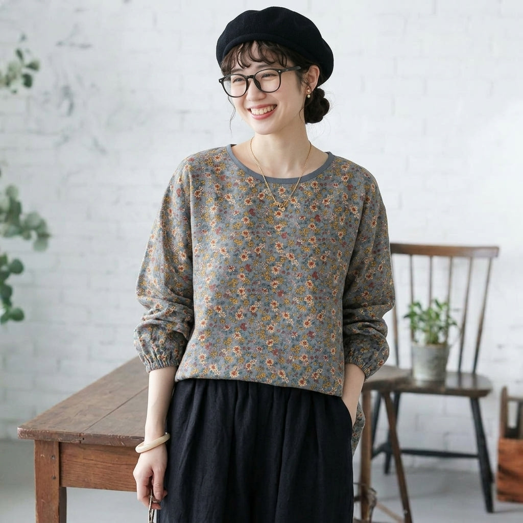 M-2XL 女性に大人気 綿麻 花柄 耐久性 ナチュラル 長袖 シンプル シャツ M コーヒー