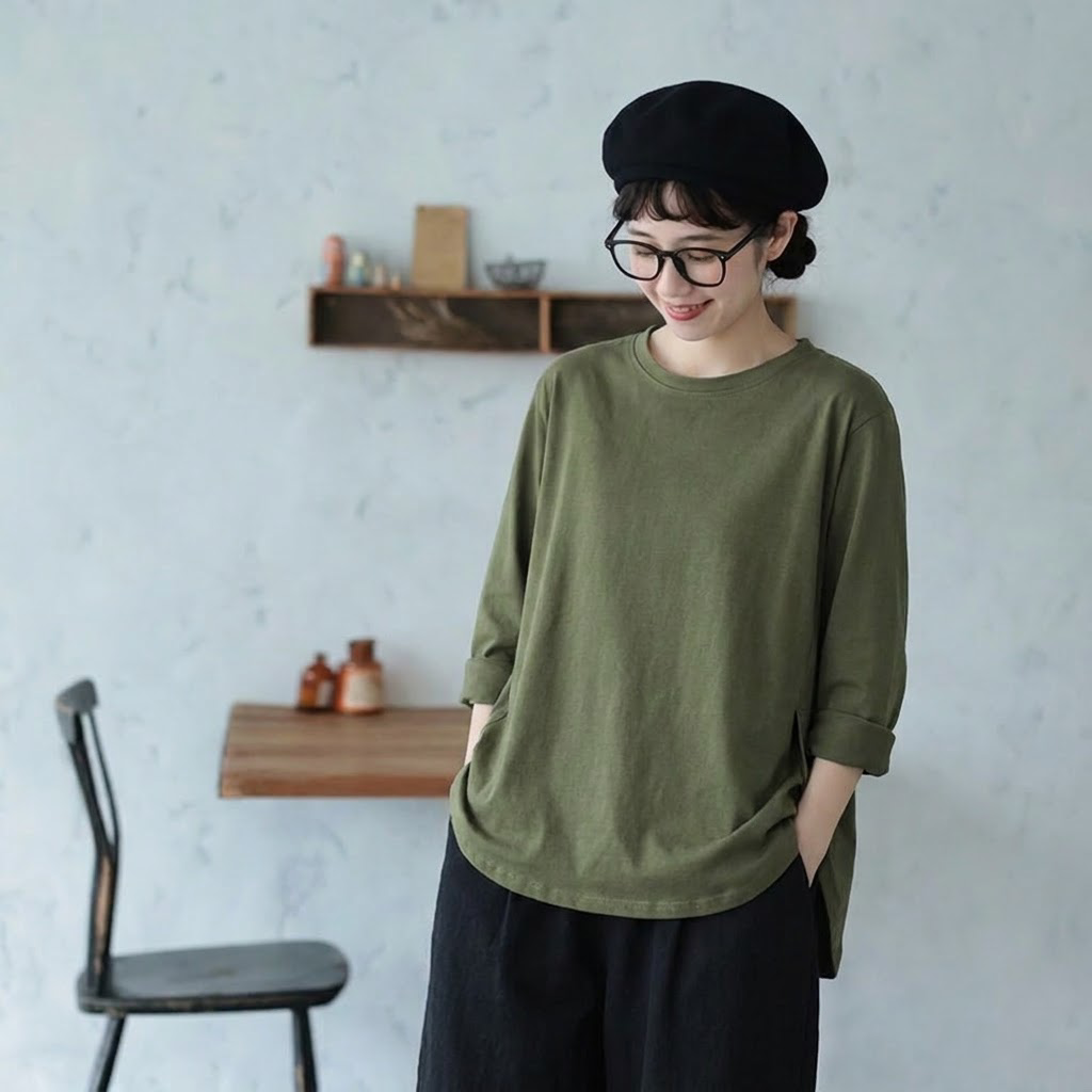 M-4XL ラウンドネック オーバーシルエット 長袖 Ｔシャツ M ブラック