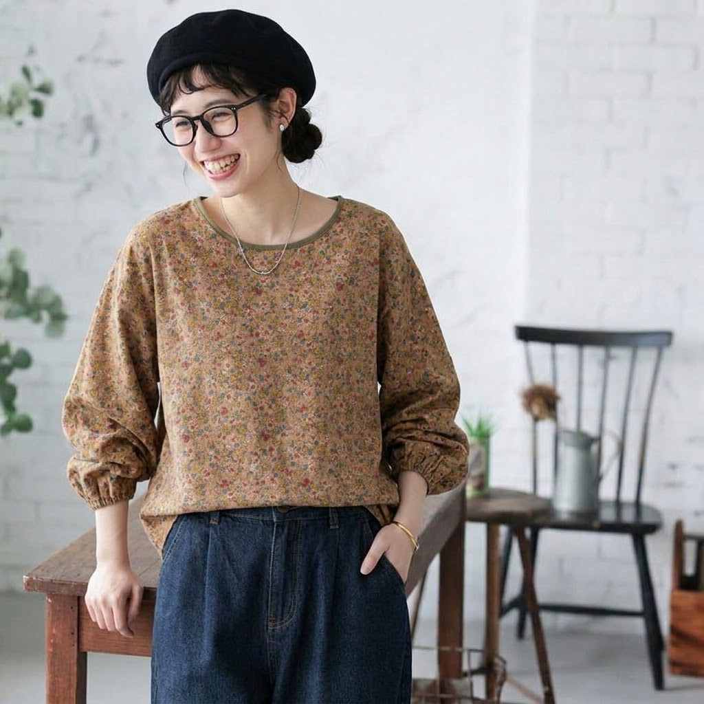 M-2XL 女性に大人気 綿麻 花柄 耐久性 ナチュラル 長袖 シンプル シャツ M コーヒー