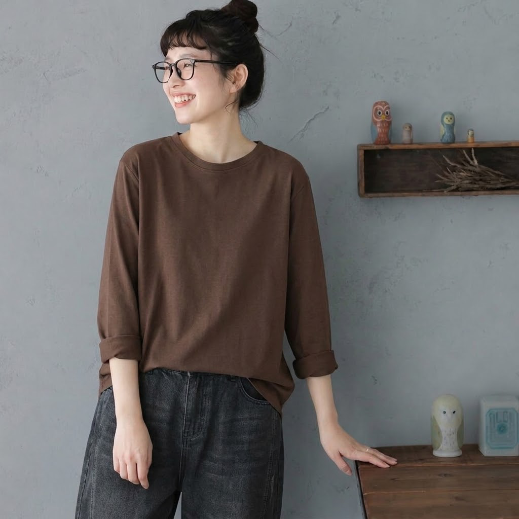 M-4XL ラウンドネック オーバーシルエット 長袖 Ｔシャツ 4XL コーヒー