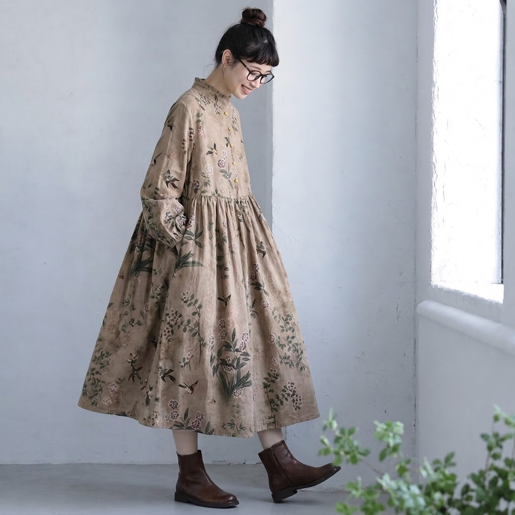 M-2XL  秋のお出かけに 花柄コーデュロイワンピース 2XL ベージュ