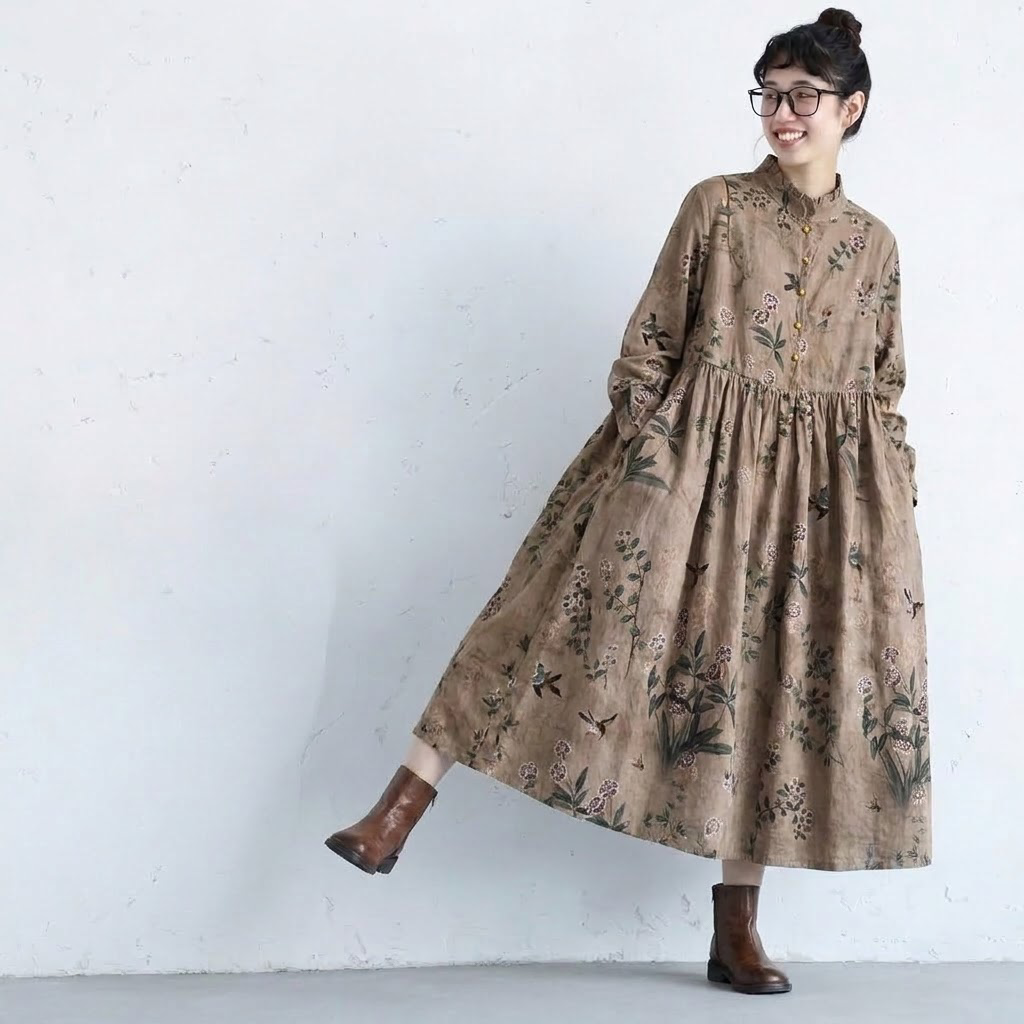 M-2XL  秋のお出かけに 花柄コーデュロイワンピース M ネービー