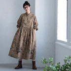 M-2XL  秋のお出かけに 花柄コーデュロイワンピース M ネービー