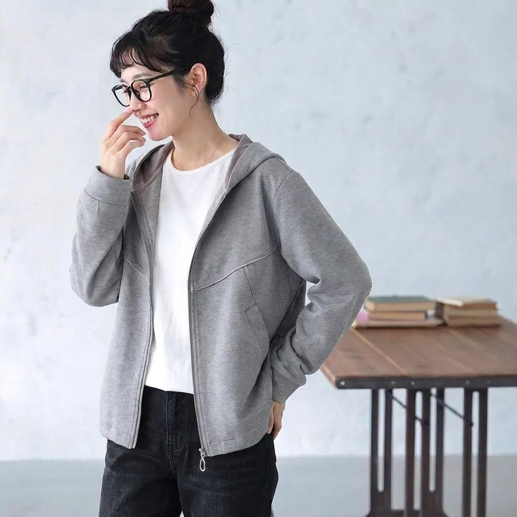 L-5XL パーカー襟 前開きポケット付き ゆったりシルエット 長袖ジャケット L グレー