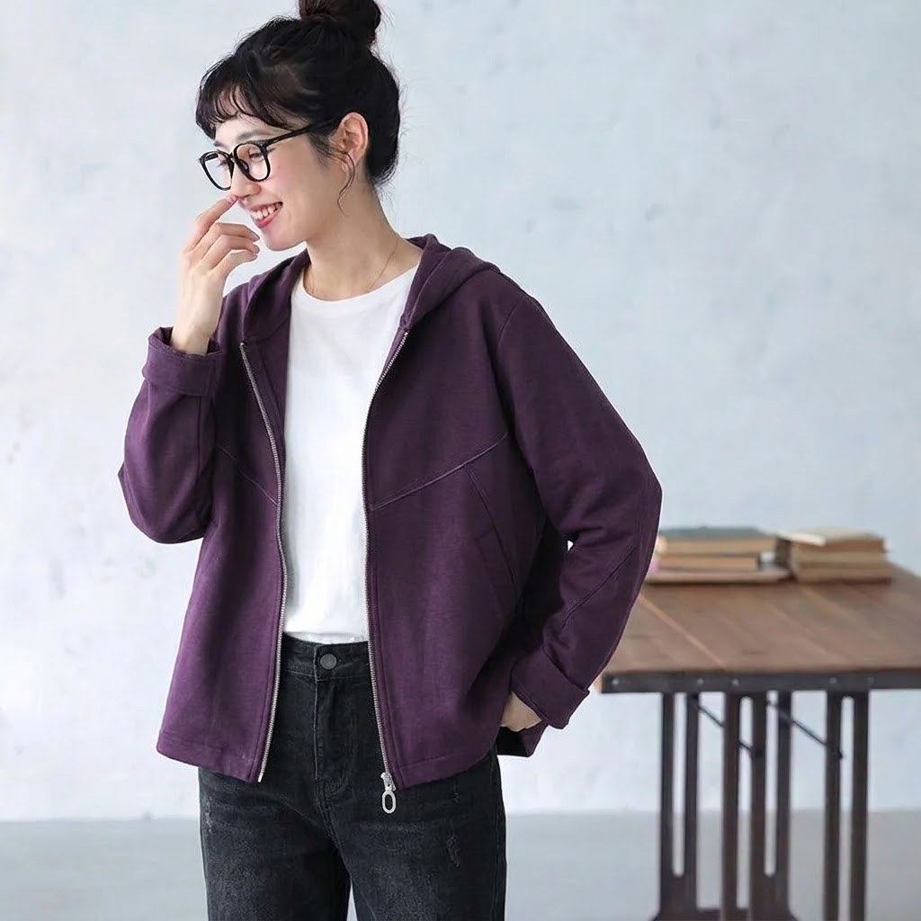 L-5XL パーカー襟 前開きポケット付き ゆったりシルエット 長袖ジャケット 5XL パープル