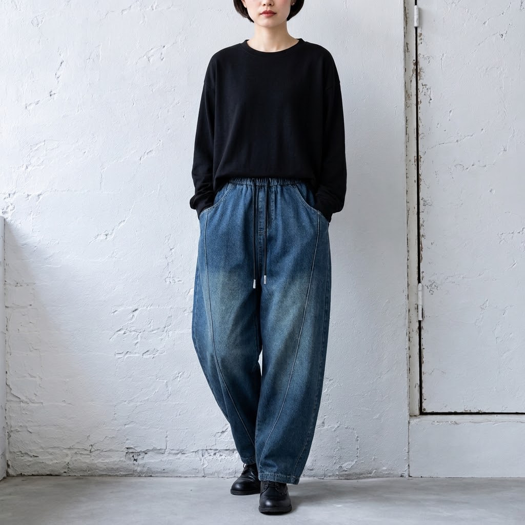 M-2XL ウエストドローコード 切り替えデザイン ワイドシルエット デニムパンツ M ブラック