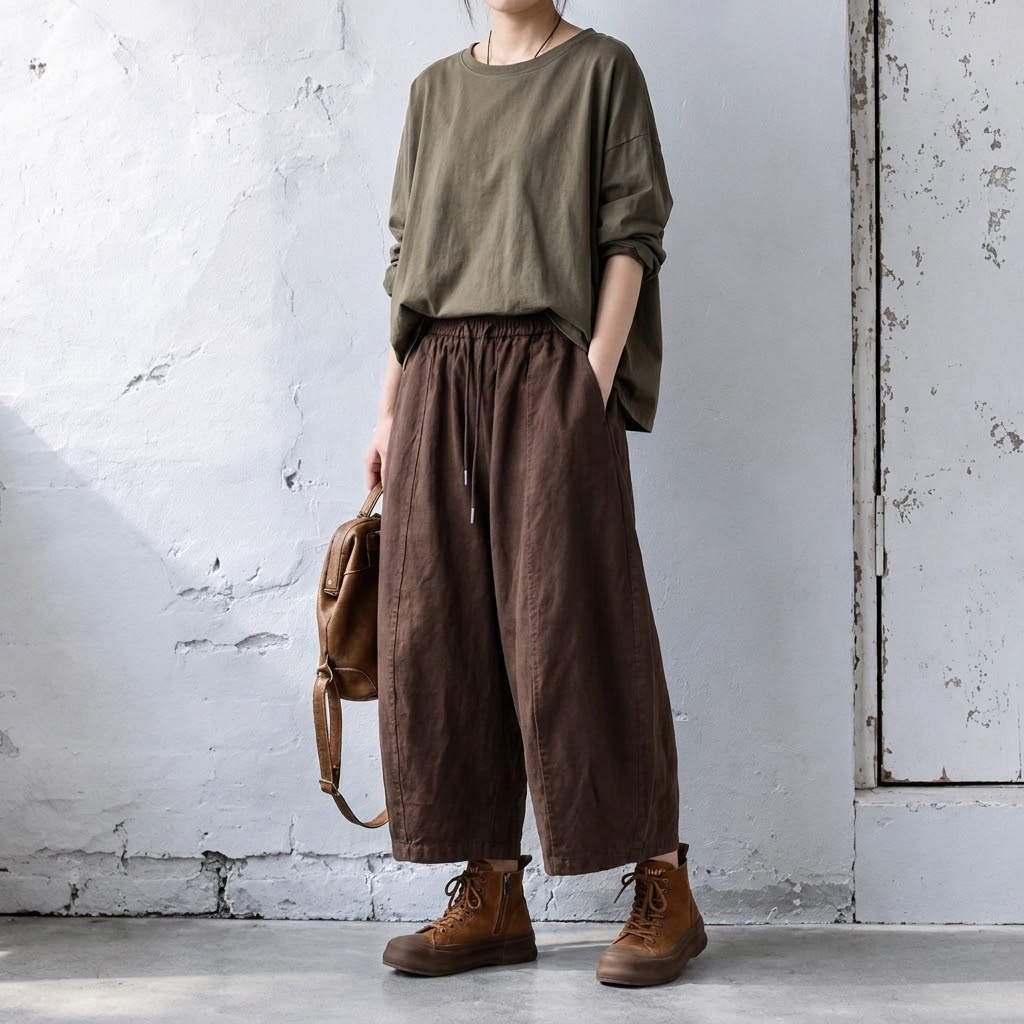 M-2XL ウエストゴム ドローコード 切り替えデザイン 九分丈 ワイドパンツ M ブラック