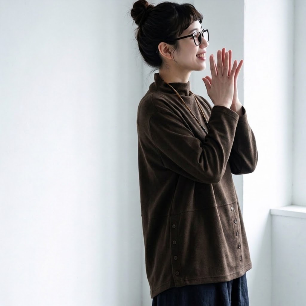 L-5XL ハーフネック バックボタン ルーズ レトロ 長袖 Ｔシャツ 5XL コーヒー
