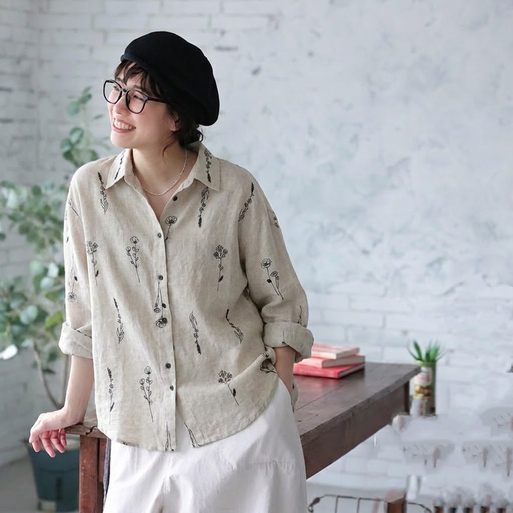 M-2XL 大人可愛い 花模様 刺繍 植物 長袖 シャツ袖  シャツ M 写真通り