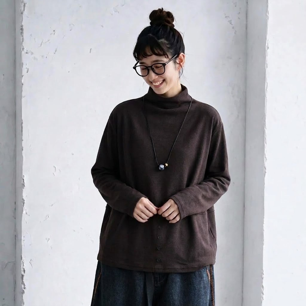L-5XL ハーフネック バックボタン ルーズ レトロ 長袖 Ｔシャツ L コーヒー