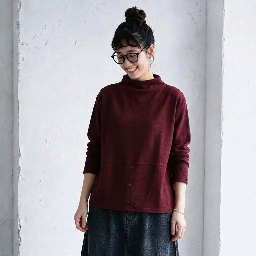 L-5XL ハーフネック バックボタン ルーズ レトロ 長袖 Ｔシャツ 5XL レッド