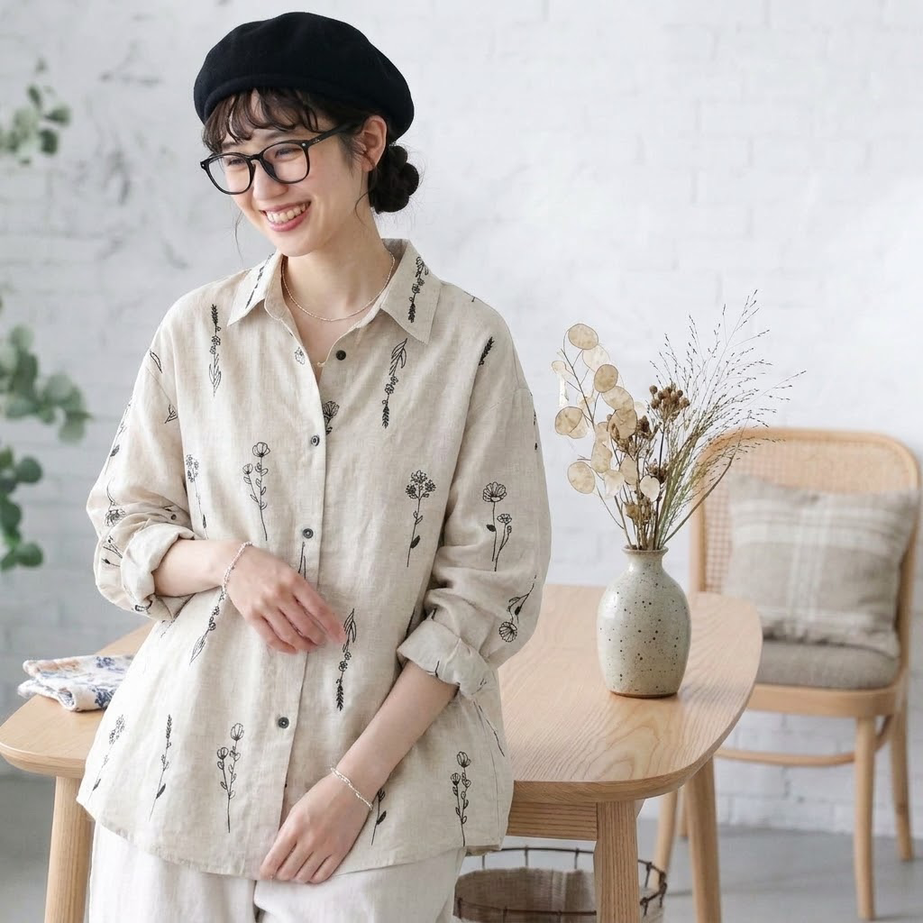 M-2XL 大人可愛い 花模様 刺繍 植物 長袖 シャツ袖  シャツ M 写真通り
