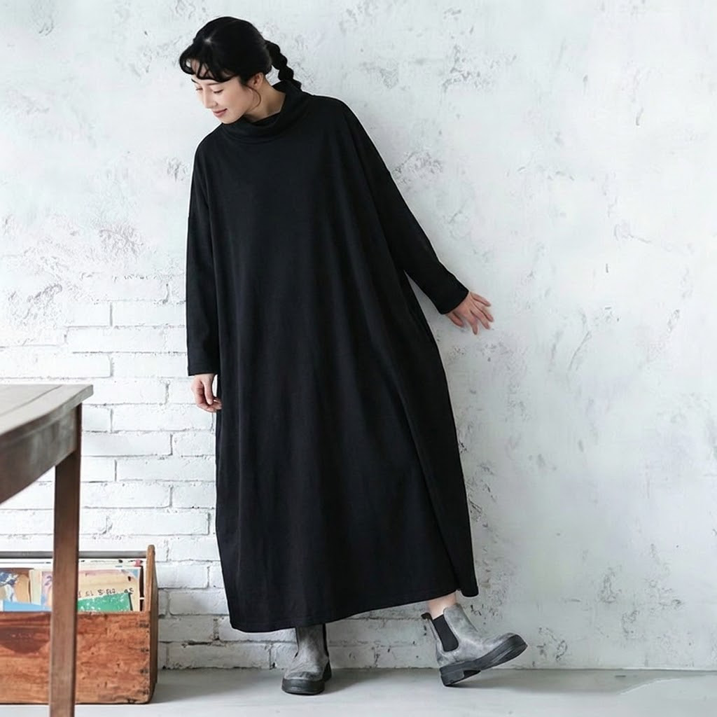 M-2XL 無地 ポケット付き ビックシルエッ シンプル 長袖ワンピース 2XL ブラック