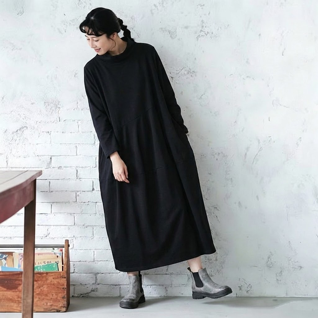 M-2XL 無地 ポケット付き ビックシルエッ シンプル 長袖ワンピース M ブラック
