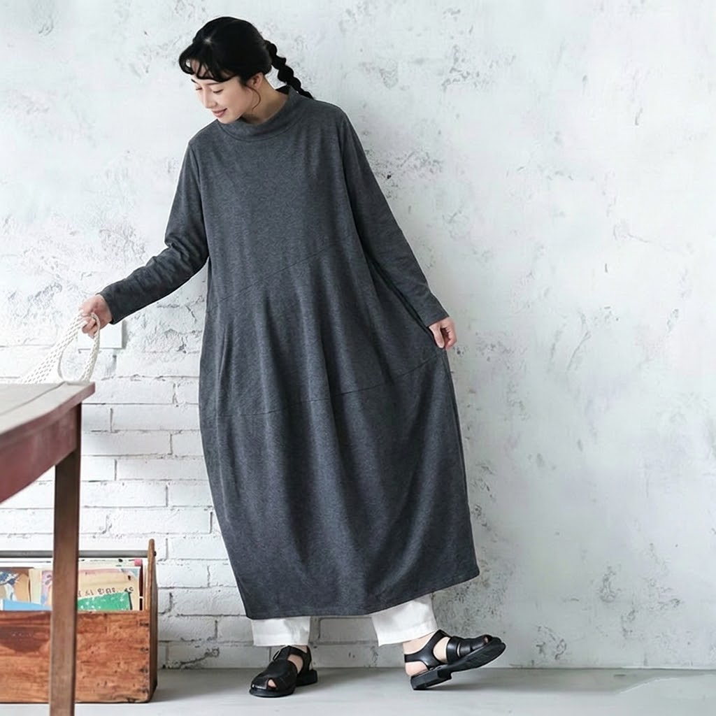M-2XL 無地 ポケット付き ビックシルエッ シンプル 長袖ワンピース M ブラック