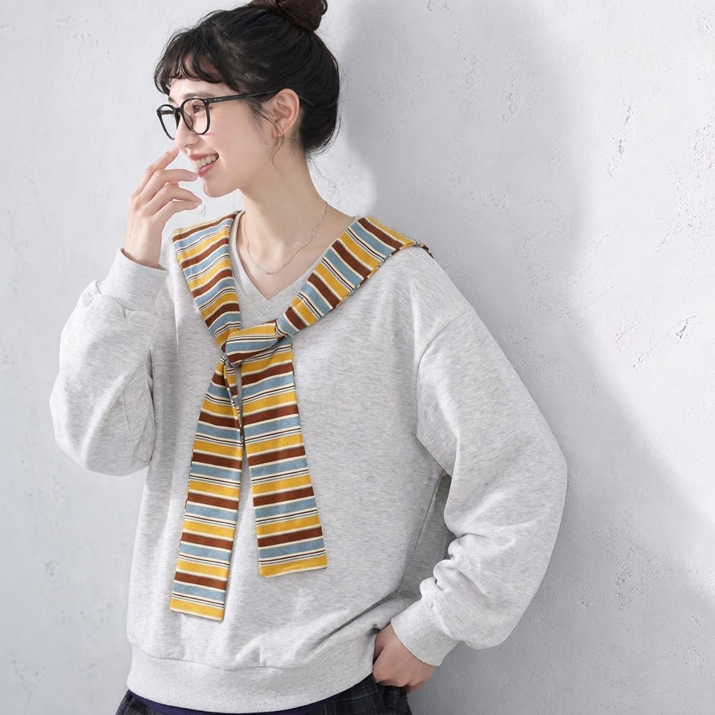 M-3XL  配色 長袖 清楚見え セーラー襟 甘めな印象 Tシャツ 3XL 写真通り