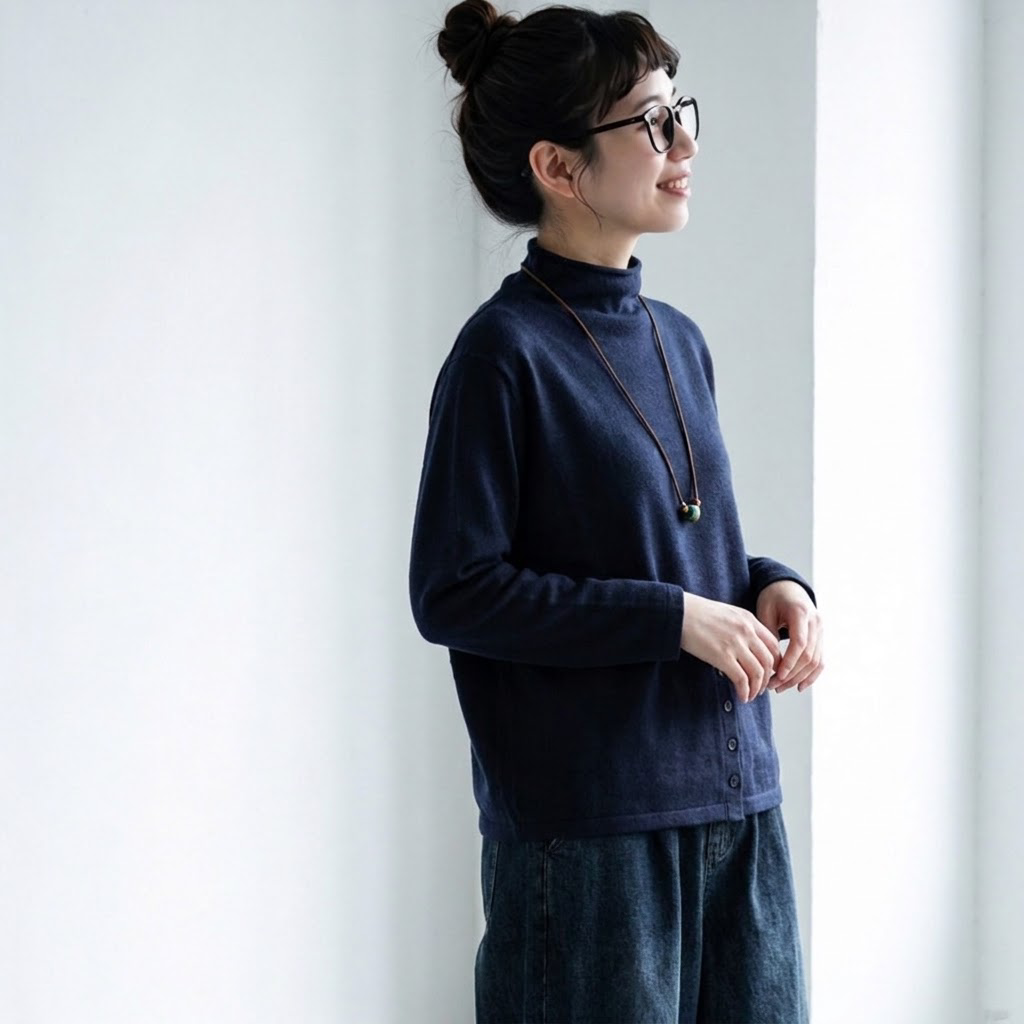 L-5XL ハーフネック バックボタン ルーズ レトロ 長袖 Ｔシャツ 5XL ネイビー