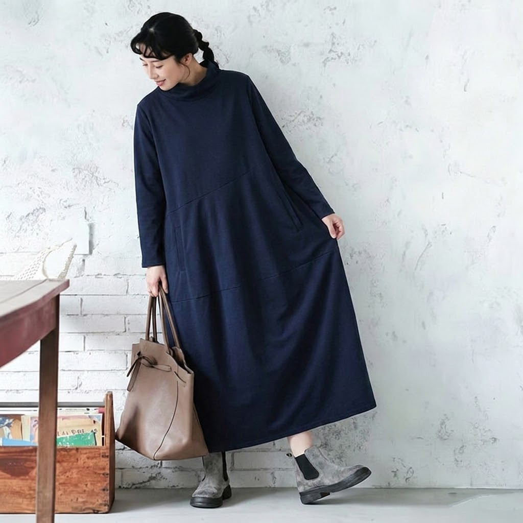 M-2XL 無地 ポケット付き ビックシルエッ シンプル 長袖ワンピース 2XL ダークブルー