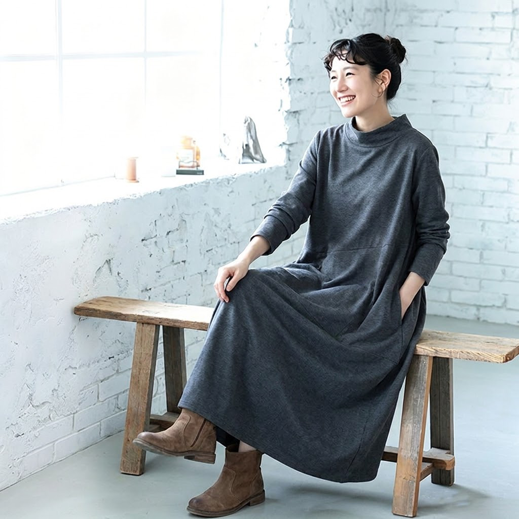 M-2XL 無地 ポケット付き ビックシルエッ シンプル 長袖ワンピース M ブラック