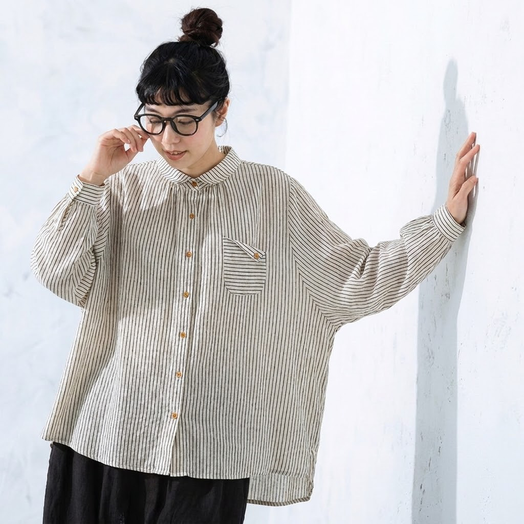 M-2XL ストライプ柄 大人向け 長袖 シャツ M ホワイト