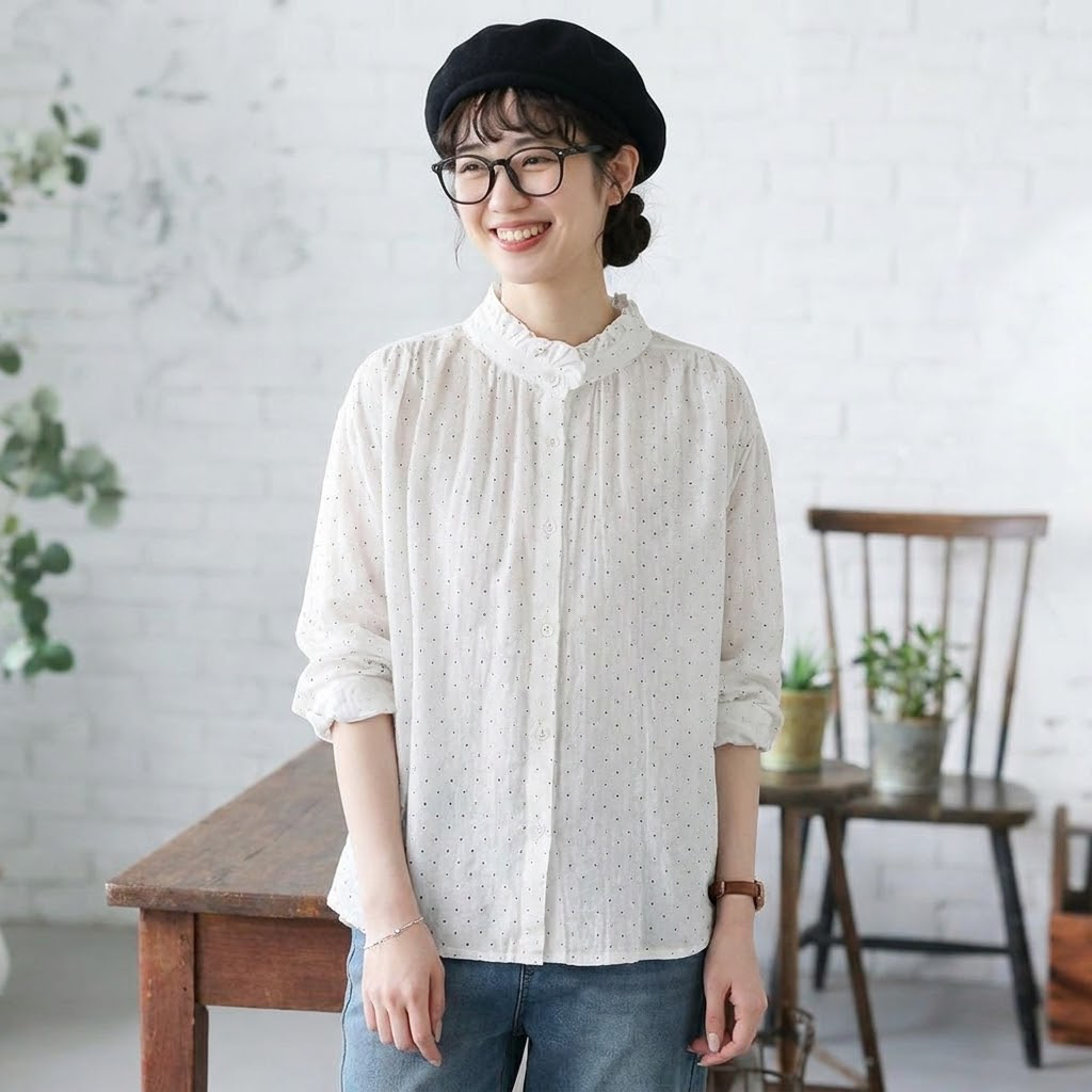 M-2XL 超快適 清新 シンプル ドット柄 長袖 シャツ 2XL ホワイト