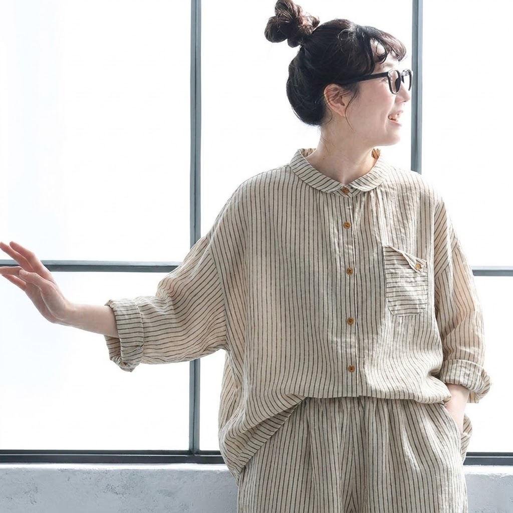 M-2XL ストライプ柄 大人向け 長袖 シャツ M ホワイト