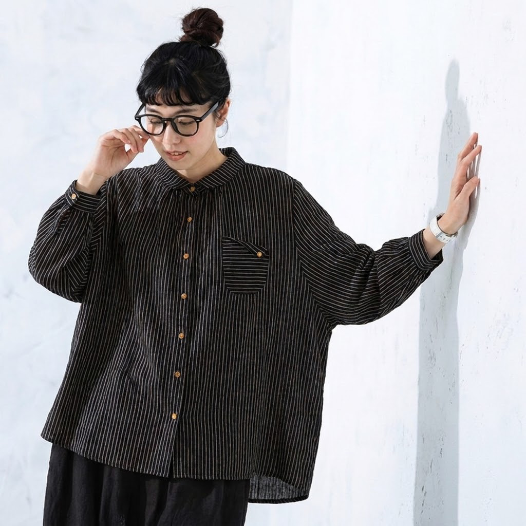 M-2XL ストライプ柄 大人向け 長袖 シャツ 2XL ブラック
