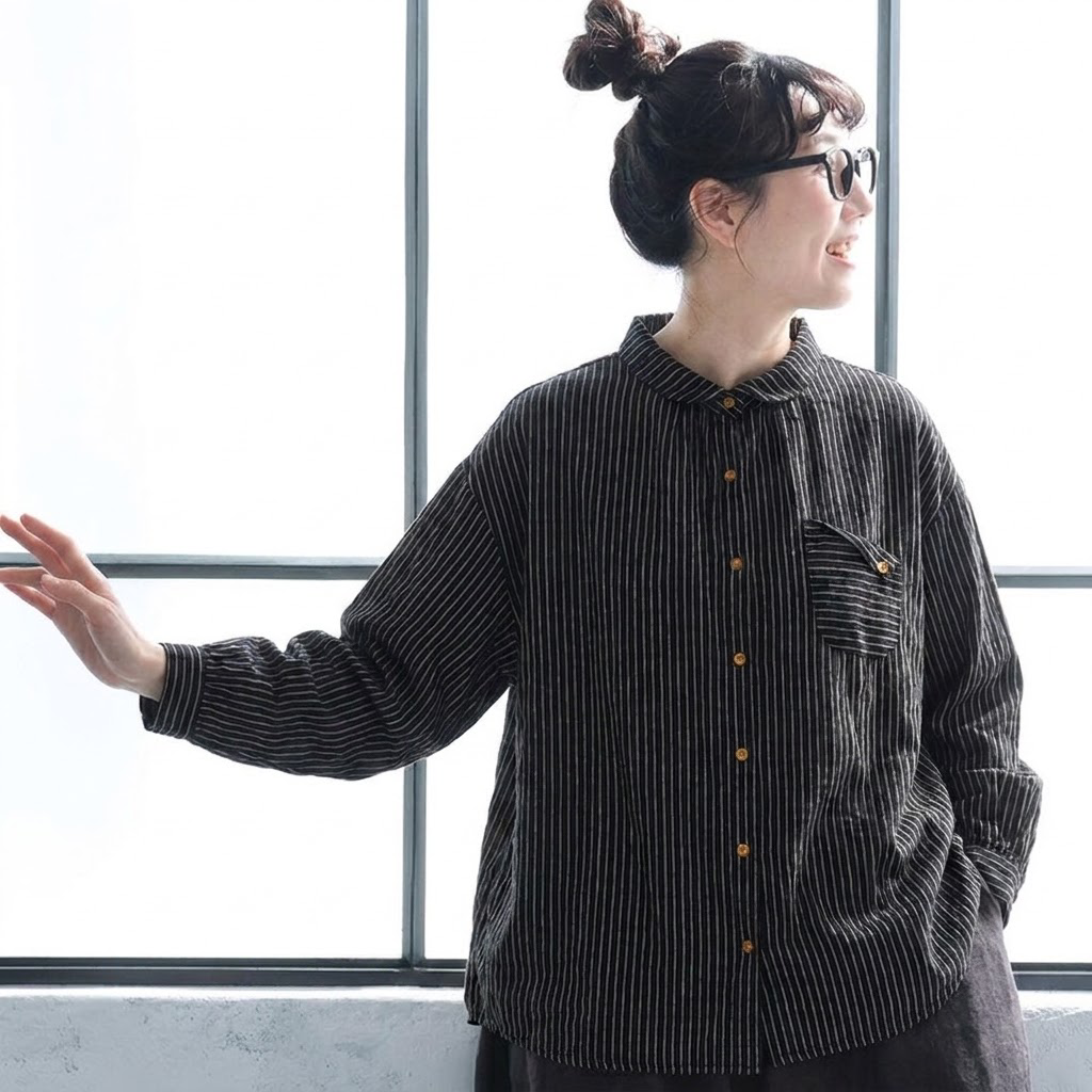 M-2XL ストライプ柄 大人向け 長袖 シャツ M ホワイト